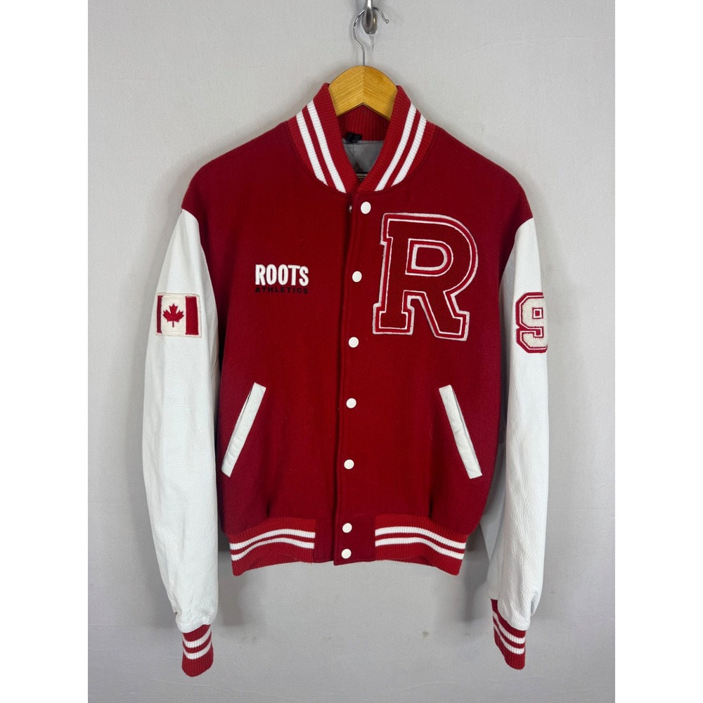 Roots Athletics Canada Varsity Jacket Red Wool White Leather Sleeves Mens L